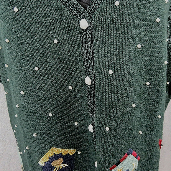 Vtg 90s CJ Banks Sweater Vest Women 1X Knit Bird Houses Green Beads Spring Fall - Picture 5 of 11
